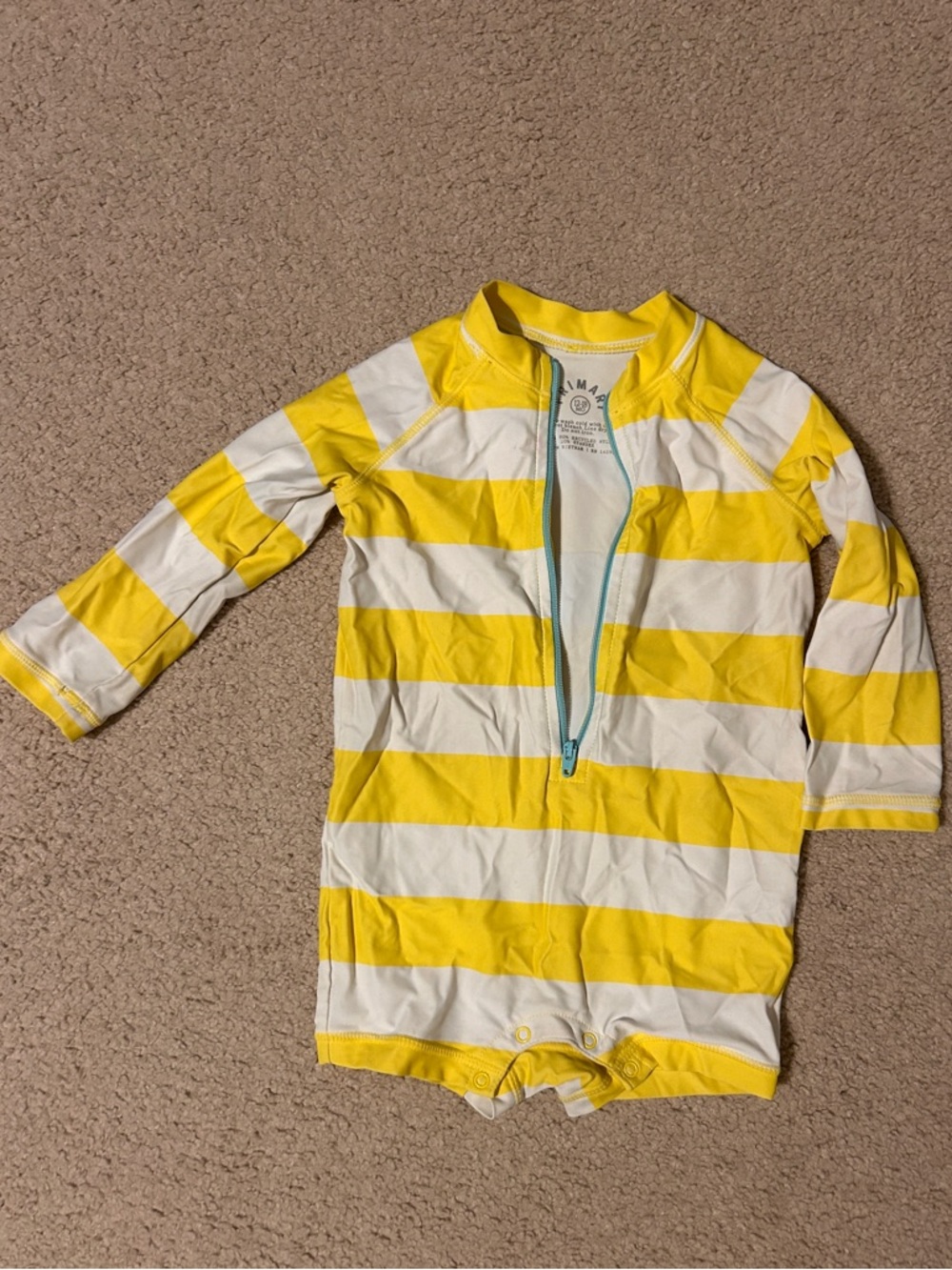 Primary Yellow and White Striped Kids Swim Rashguard Romper